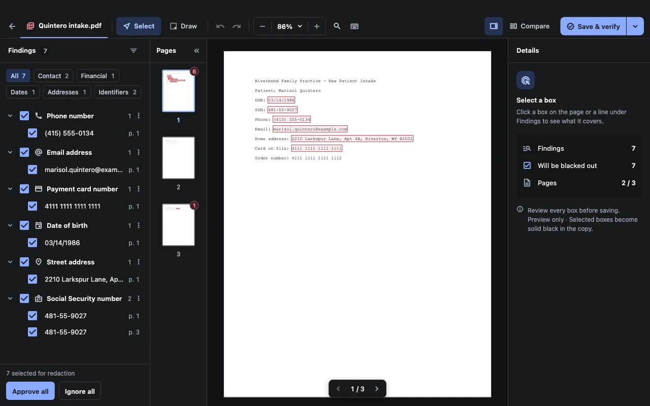 RedactFirst review workspace showing suggested redactions, page thumbnails and the Save & verify control.