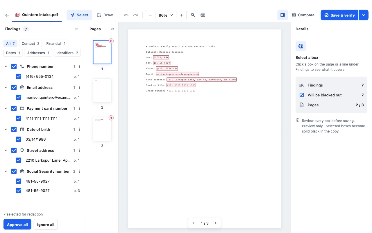 RedactFirst review workspace showing suggested redactions, page thumbnails and the Save & verify control.